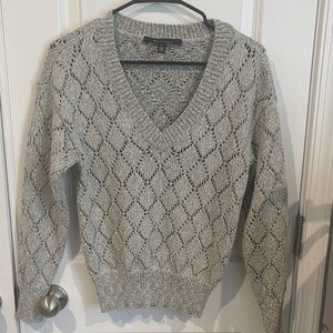 White House Black Market Light Gray Open-Knit V-Neck Sweater